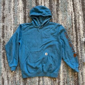 Carhartt Blue Hoodie with Brown Sleeve Logo